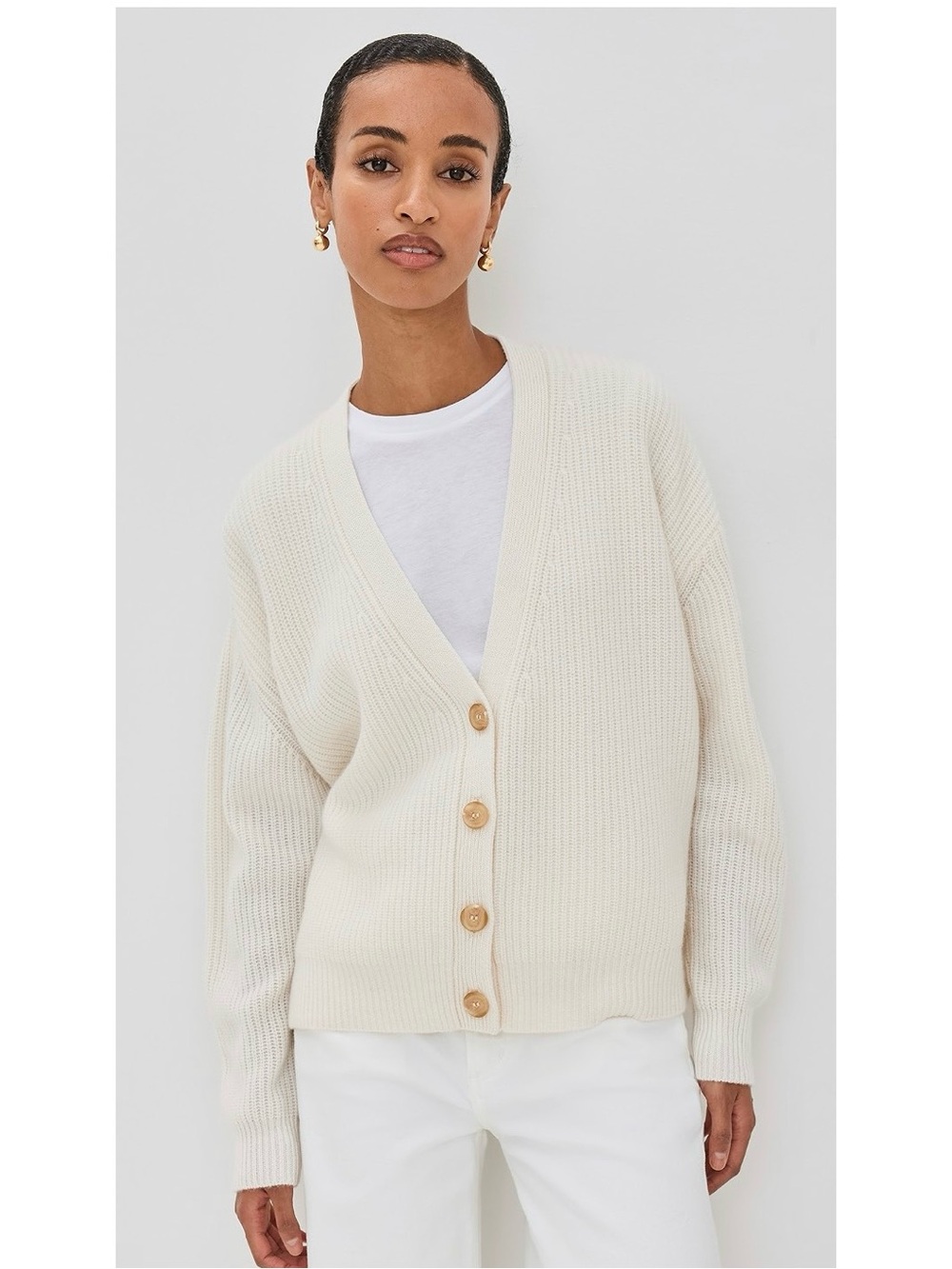 Classic Ivory V-Neck Button Cardigan Sweater